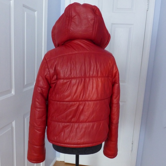 D&G Red Leather Puffer Jacket w/ Hood | Tartan Lining | XS - Picture 2 of 12